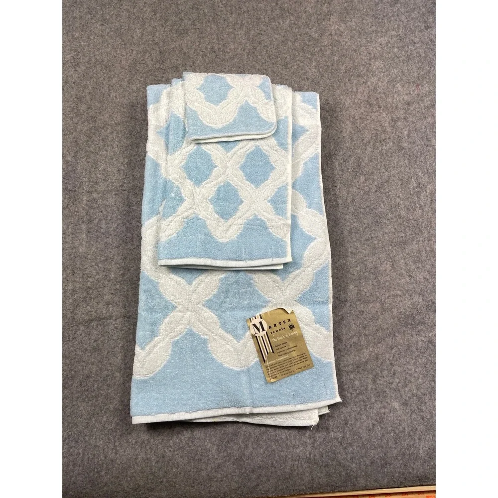 Vintage Martex Blue White Trellis Towel Set 3pc MCM Cotton Made in USA 6638
